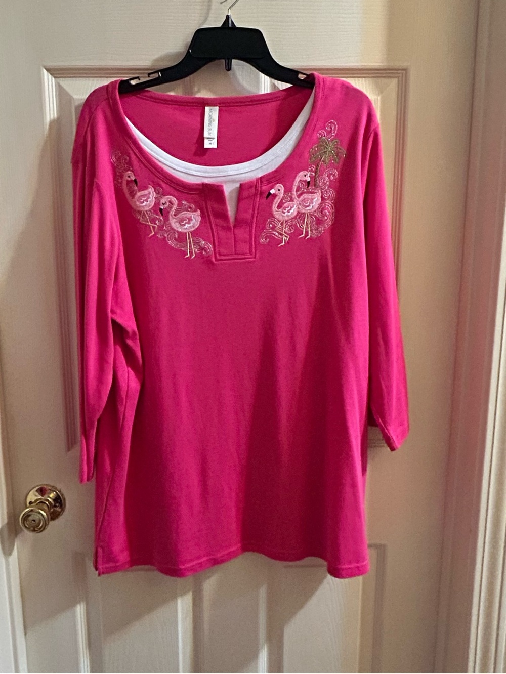 Women’s Pink Long Sleeve Flamingo Embroidered Tee